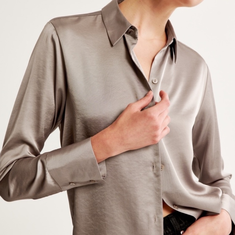 Tan Satin Button-Up Shirt